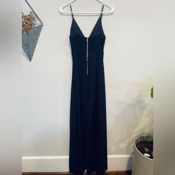 Chic Black Romper Maxi Dress with Flowing Silhouette and Velvet Stripes - Picture 5 of 6
